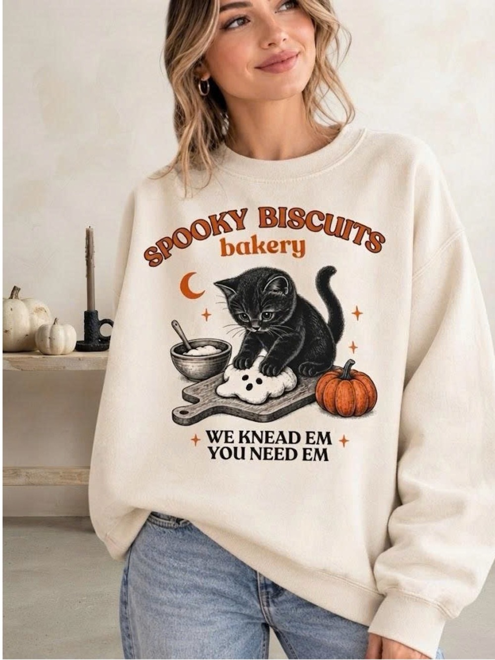 Vintage Spooky Biscuits Bakery Cream Graphic Sweatshirt - Cozy Pullover
